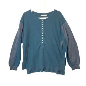 We The Free Free People Teal Henley Top Blue Contrast Sleeve Small OB1121871